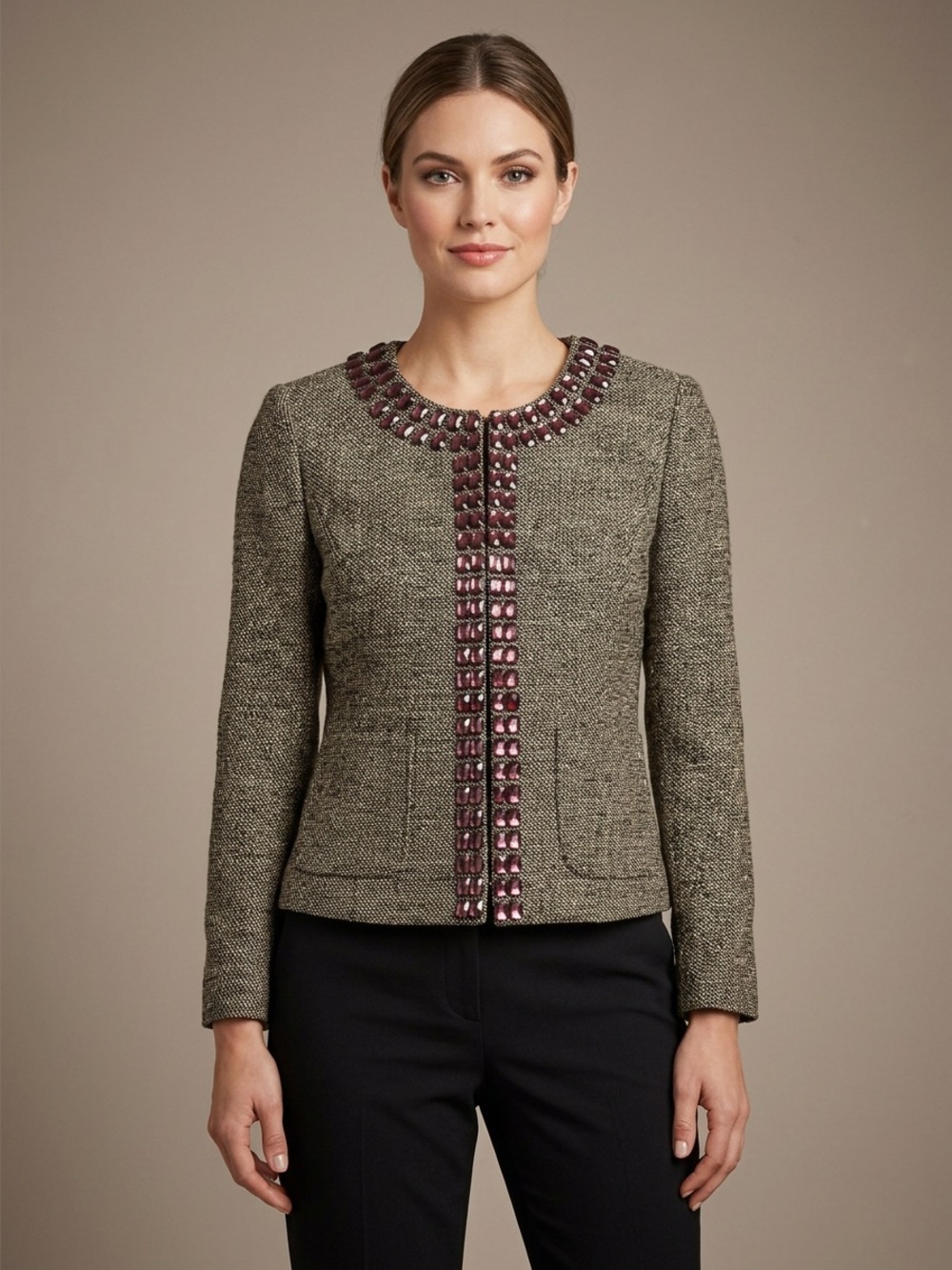NWT Dana Buchman Black Brown Tweed Jacket Embellished & Burgundy Accents Sz 12